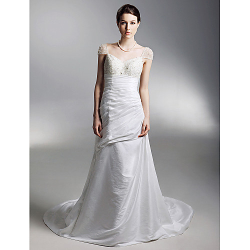 

Princess A-Line Wedding Dresses Off Shoulder Court Train Taffeta Short Sleeve with 2021