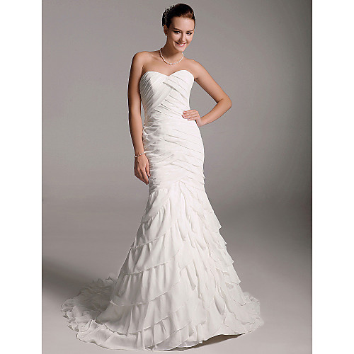 

A-Line Wedding Dresses Sweetheart Neckline Strapless Court Train Chiffon Sleeveless with 2021