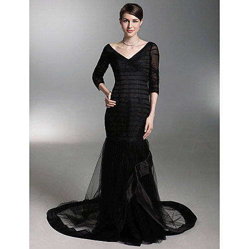 

Mermaid / Trumpet All Celebrity Styles Inspired by Oscar Formal Evening Dress V Neck 3/4 Length Sleeve Court Train Satin Tulle with Ruched 2021