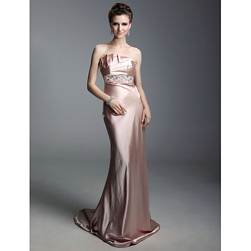 

Mermaid / Trumpet Formal Evening Military Ball Dress Strapless Sleeveless Court Train Stretch Satin with Crystals Beading Ruffles 2021