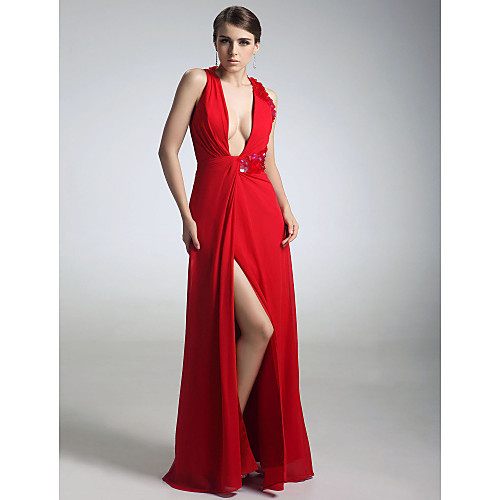 

Sheath / Column All Celebrity Styles Inspired by Emmy Formal Evening Military Ball Dress V Neck Sleeveless Floor Length Chiffon with Sequin Side Draping Split Front 2021
