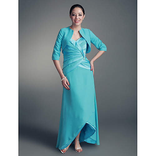 

A-Line Mother of the Bride Dress Wrap Included Sweetheart Neckline Strapless Asymmetrical Chiffon Satin 3/4 Length Sleeve with Side Draping Crystal Brooch 2021