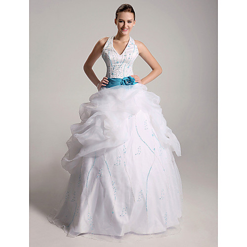

Ball Gown Wedding Dresses Halter Neck V Neck Floor Length Organza Satin Sleeveless Wedding Dress in Color with 2021