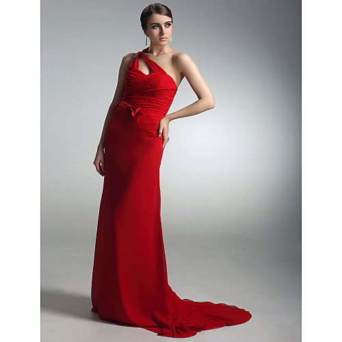 

Sheath / Column All Celebrity Styles Inspired by Golden Globe Open Back Formal Evening Dress One Shoulder Sleeveless Sweep / Brush Train Chiffon with Bow(s) Criss Cross Side Draping 2021