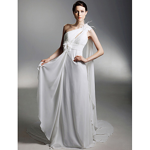 

Sheath / Column Wedding Dresses One Shoulder Watteau Train Chiffon Sleeveless with 2021