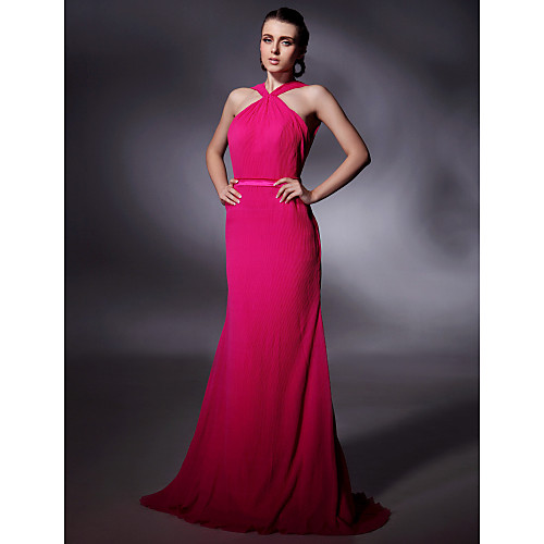 

Sheath / Column All Celebrity Styles Inspired by Cannes Film Festival Open Back Formal Evening Military Ball Dress Straps Sleeveless Floor Length Chiffon with Sash / Ribbon 2021