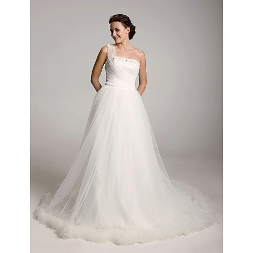 

Princess Ball Gown A-Line Wedding Dresses One Shoulder Court Train Satin Tulle Sleeveless with 2021