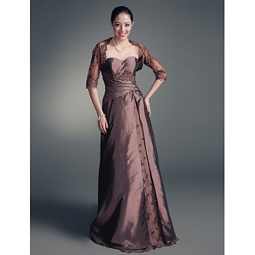 

A-Line Mother of the Bride Dress Wrap Included Sweetheart Neckline Strapless Floor Length Lace Taffeta Half Sleeve with Beading Appliques Split Front 2021