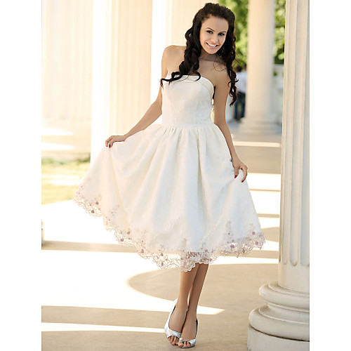 

Princess A-Line Wedding Dresses Strapless Knee Length Lace Sleeveless Little White Dress with 2021