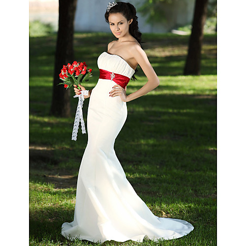 

Mermaid / Trumpet Wedding Dresses Strapless Sweep / Brush Train Satin Strapless Wedding Dress in Color with Ruched Draping Crystal Floral Pin 2021