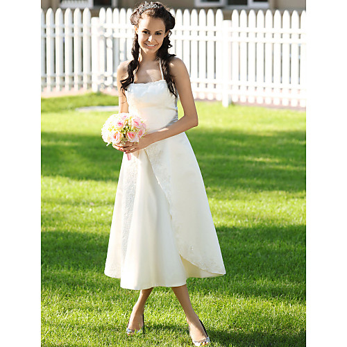 

Princess A-Line Wedding Dresses Halter Neck Spaghetti Strap Tea Length Satin Sleeveless with 2021
