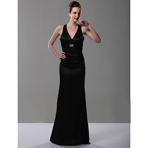 

Sheath / Column Prom Formal Evening Dress Halter Neck V Neck Sleeveless Floor Length Stretch Satin with Crystals 2021
