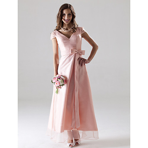 

A-Line V Neck Ankle Length Organza Bridesmaid Dress with Sash / Ribbon / Bow(s)