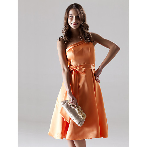 

A-Line Wedding Party Dress One Shoulder Sleeveless Knee Length Satin with Sash / Ribbon Bow(s) 2021