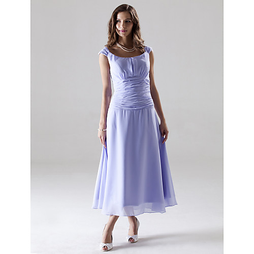 

Princess / A-Line Off Shoulder Tea Length Chiffon Bridesmaid Dress with Ruched