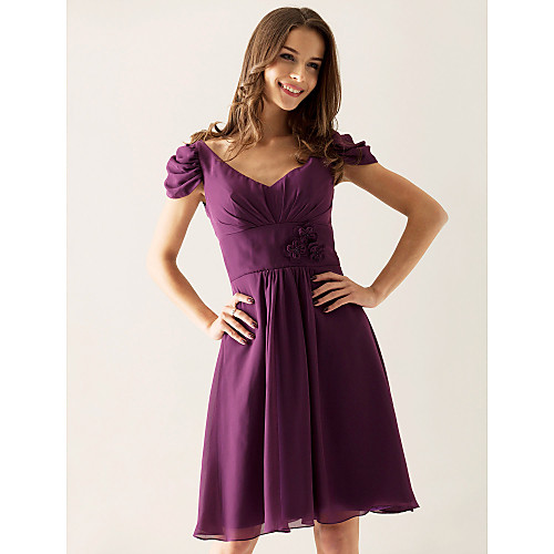 

Princess / A-Line V Neck Knee Length Chiffon Bridesmaid Dress with Draping / Flower