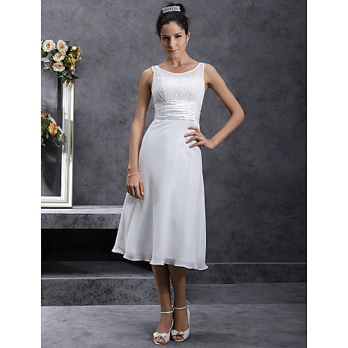 

Sheath / Column Wedding Dresses Scoop Neck Tea Length Chiffon Regular Straps Little White Dress with Sash / Ribbon Ruched Appliques 2021