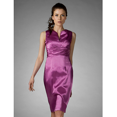 

Sheath / Column Wedding Party Dress V Neck Sleeveless Knee Length Stretch Satin with Ruffles 2021