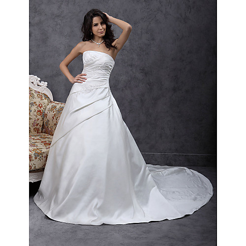 

Princess A-Line Wedding Dresses Strapless Chapel Train Satin Sleeveless with Beading Appliques Side-Draped 2021