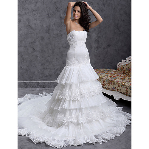 

A-Line Wedding Dresses Sweetheart Neckline Strapless Chapel Train Organza Sleeveless with 2021