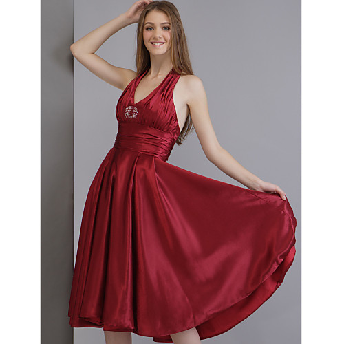 

A-Line Wedding Party Dress Halter Neck V Neck Sleeveless Tea Length Matte Satin with Ruched Beading Draping 2021