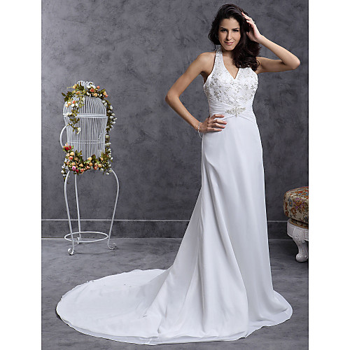 

Sheath / Column Wedding Dresses Halter Neck V Neck Court Train Chiffon Sleeveless with 2021