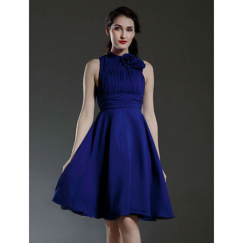

A-Line Wedding Party Dress High Neck Sleeveless Knee Length Chiffon with Ruffles Draping Flower 2021