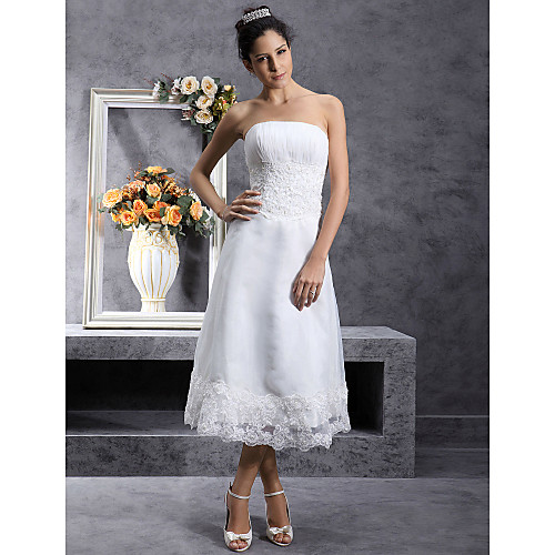 

A-Line Wedding Dresses Strapless Tea Length Organza Strapless Little White Dress with Lace 2021