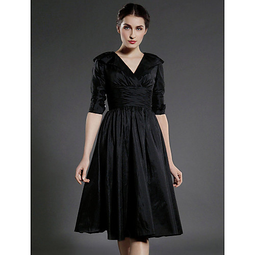 

A-Line Mother of the Bride Dress Little Black Dress V Neck Knee Length Taffeta Half Sleeve with Pleats Ruched Draping 2021