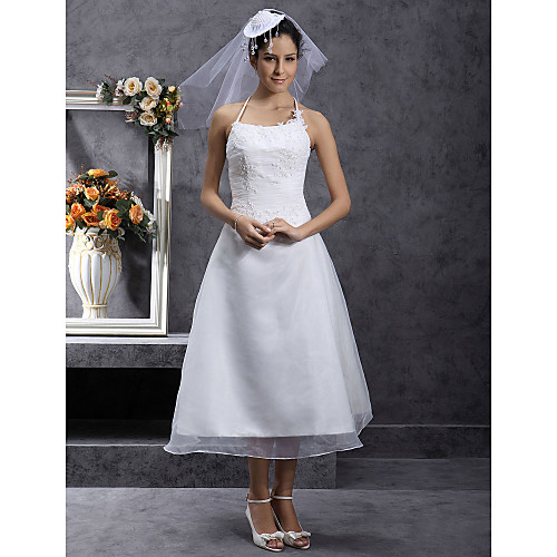 

A-Line Wedding Dresses Spaghetti Strap Tea Length Organza Sleeveless Little White Dress with Lace Ruched Beading 2021