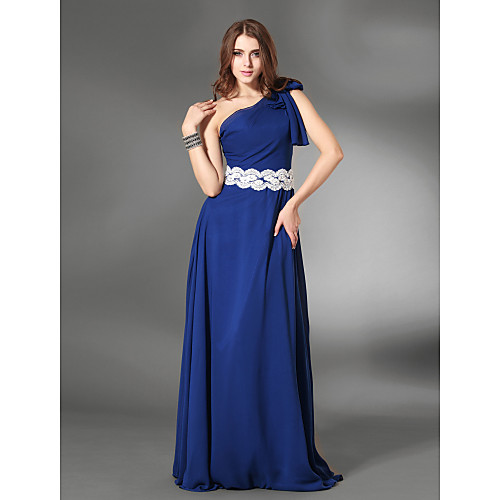 

Sheath / Column Elegant Formal Evening Military Ball Dress One Shoulder Sleeveless Floor Length Chiffon Satin with Sash / Ribbon Appliques Side Draping 2021