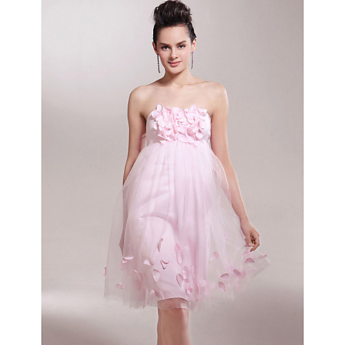 

Ball Gown Prom Wedding Party Dress Strapless Sleeveless Knee Length Satin Tulle with Flower 2021
