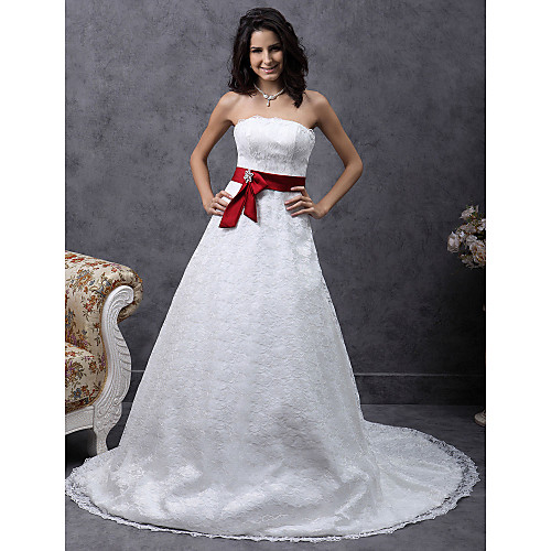 

Princess A-Line Wedding Dresses Strapless Court Train Lace Sleeveless Wedding Dress in Color with 2021