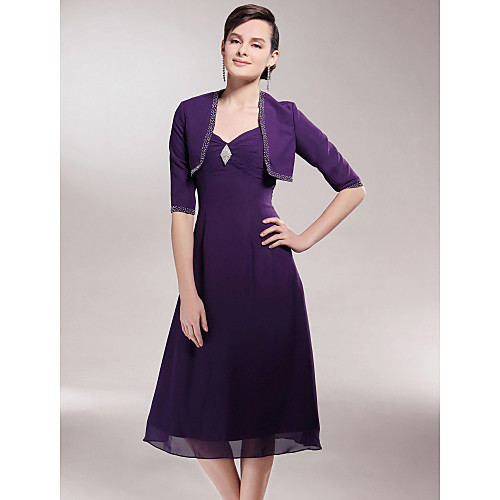 

A-Line Mother of the Bride Dress Wrap Included Spaghetti Strap Tea Length Chiffon Half Sleeve with Beading Side Draping Crystal Brooch 2021
