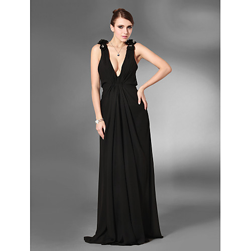 

Sheath / Column Open Back Formal Evening Military Ball Dress V Neck Sleeveless Floor Length Chiffon with Crystals Side Draping Flower 2021