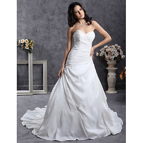 

Princess A-Line Wedding Dresses Sweetheart Neckline Strapless Court Train Satin Taffeta Sleeveless with 2021