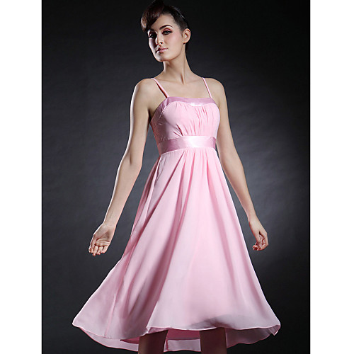 

A-Line Wedding Party Dress Spaghetti Strap Sleeveless Asymmetrical Knee Length Chiffon with Draping 2021