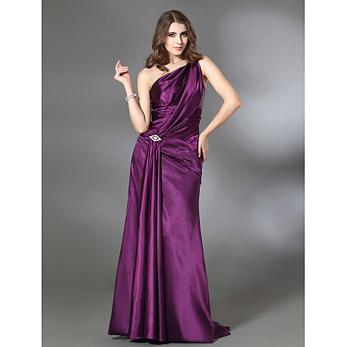 

Sheath / Column Formal Evening Military Ball Dress One Shoulder Sleeveless Floor Length Stretch Satin with Draping Crystal Brooch 2021