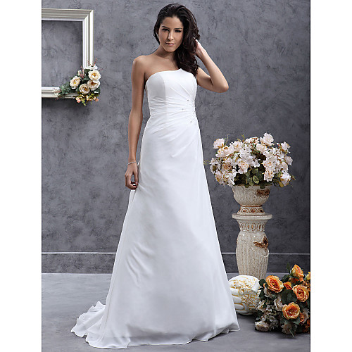 

Princess A-Line Wedding Dresses One Shoulder Sweep / Brush Train Chiffon Satin Sleeveless with 2021