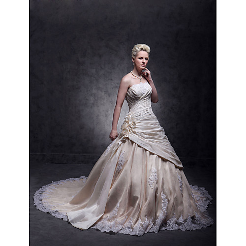 

A-Line Wedding Dresses Strapless Cathedral Train Taffeta Beaded Lace Strapless Glamorous Plus Size with Beading Lace Insert Appliques 2021