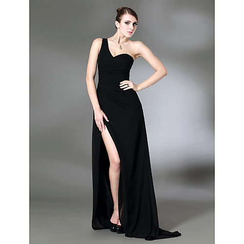 

Sheath / Column Celebrity Style Inspired by Golden Globe Formal Evening Military Ball Dress One Shoulder Sleeveless Sweep / Brush Train Chiffon Stretch Satin with Side Draping Split Front 2021