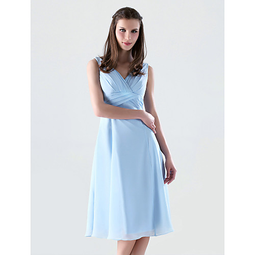

Ball Gown Wedding Party Dress V Neck Sleeveless Knee Length Chiffon with Criss Cross 2021