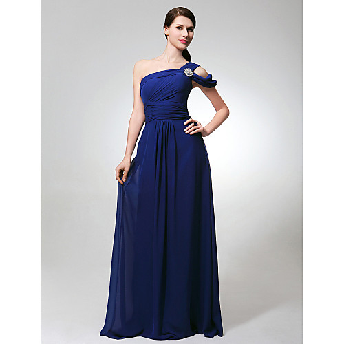 

A-Line One Shoulder Floor Length Chiffon Bridesmaid Dress with Side Draping / Crystal Brooch / Ruched