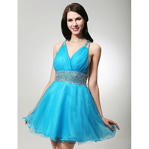 

A-Line Holiday Cocktail Party Prom Dress Straps V Neck Sleeveless Short / Mini Organza Satin with Criss Cross Beading 2021