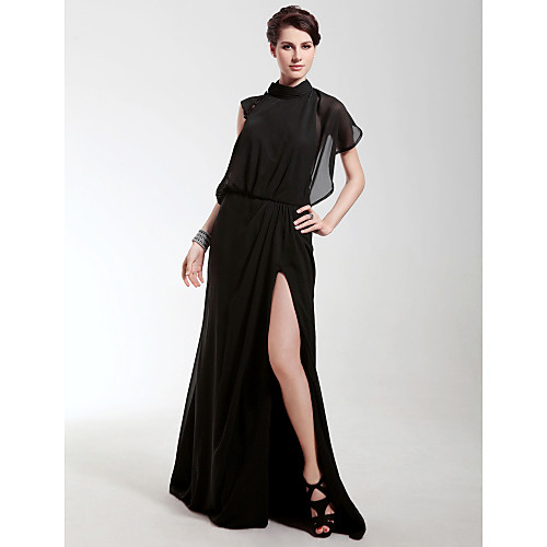 

Sheath / Column All Celebrity Styles Open Back Formal Evening Military Ball Dress High Neck Short Sleeve Sweep / Brush Train Chiffon with Split Front 2021