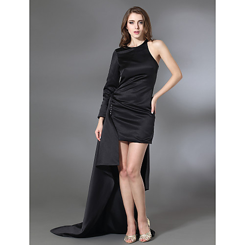 

Sheath / Column Homecoming Cocktail Party Military Ball Dress Jewel Neck Long Sleeve Court Train Asymmetrical Stretch Satin with Beading Side Draping 2021