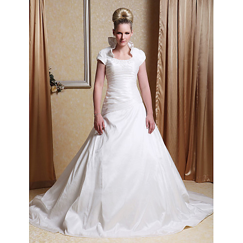 

Princess A-Line Wedding Dresses Scoop Neck Chapel Train Taffeta Short Sleeve with 2021