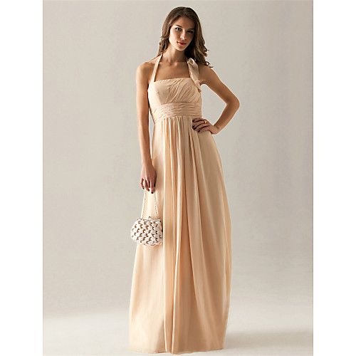 

Sheath / Column Prom Formal Evening Wedding Party Dress Halter Neck Sleeveless Floor Length Chiffon with Pleats Ruched Draping 2021