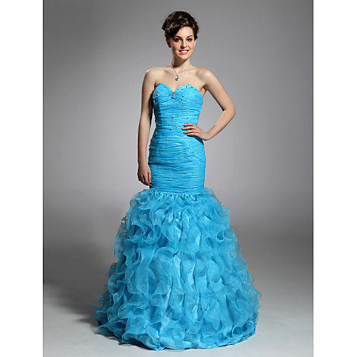 

Mermaid / Trumpet Open Back Quinceanera Prom Formal Evening Dress Sweetheart Neckline Strapless Sleeveless Floor Length Organza with Ruched Beading Cascading Ruffles 2021