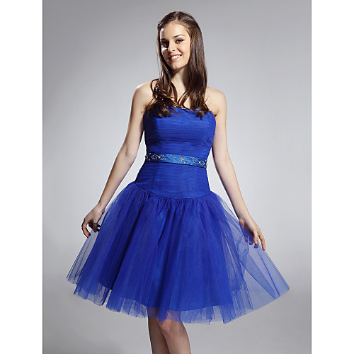 

Ball Gown Holiday Homecoming Cocktail Party Dress Strapless Sleeveless Knee Length Satin Tulle with Ruched Beading 2021